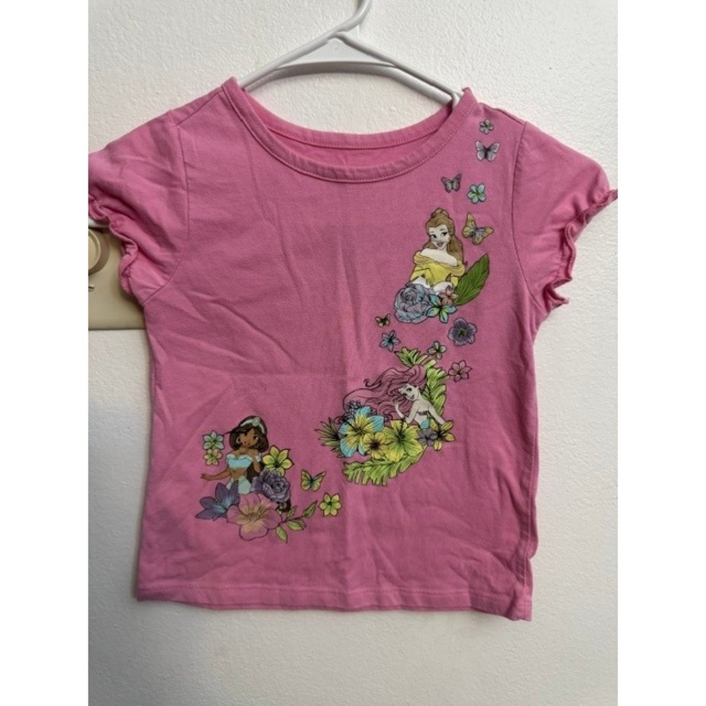 Disney Princess Girls Pink Graphic T-Shirt Ariel Belle Jasmine Size 5 Tee (G)